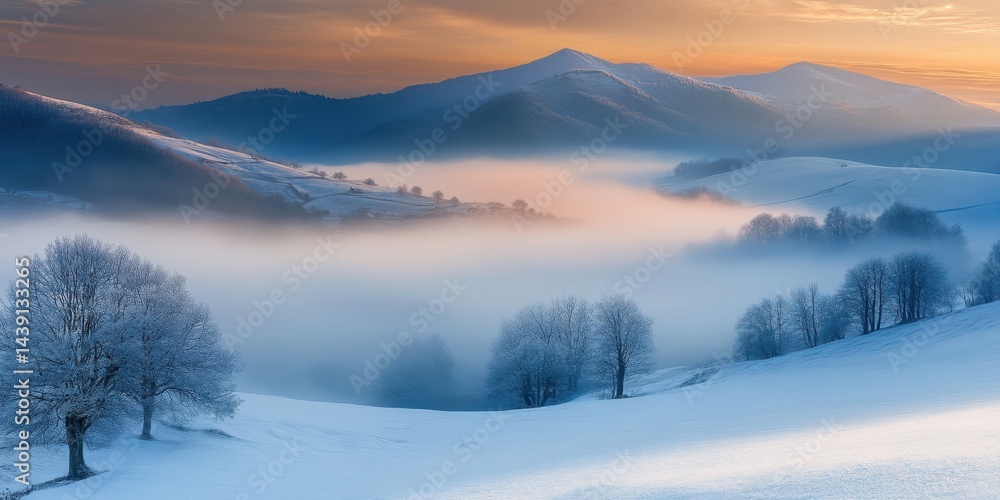 Cold Mountains. Foggy Winter Landscape with Snow-Capped Peaks Cold Mountains. Foggy Winter Landscape with Snow-Capped Peaks