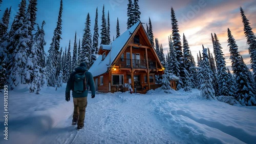 Winter adventure near a cozy cabin in a snowy forest at dusk