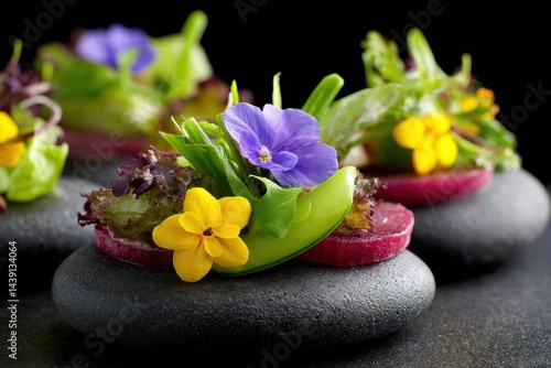 This gourmet salad showcases fresh greens and vibrant edible flowers arranged artfully on smooth black stones, offering a unique dining presentation