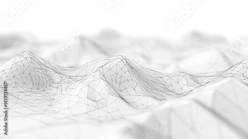 Abstract digital landscape with low poly mesh surface in a minimalist white design