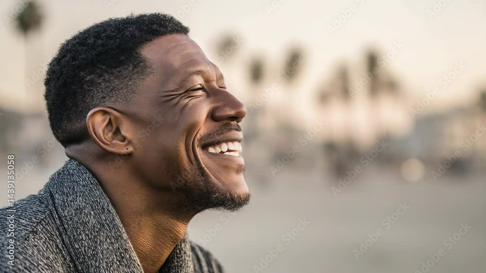 Joyful man smiling on beach during golden hour with palm trees in background Joyful man smiling on beach during golden hour with palm trees in background
