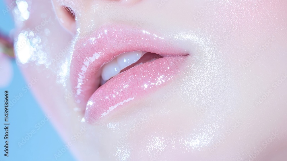 Fototapeta premium Close-up of a woman's face, featuring dewy, glowing skin and glossy lips. Healthy, radiant complexion