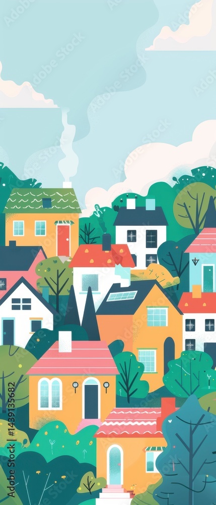 Geometric future homes with clean lines form a happy community with minimalist flat illustration and grain details. Geometric future homes with clean lines form a happy community with minimalist flat illustration and grain details.