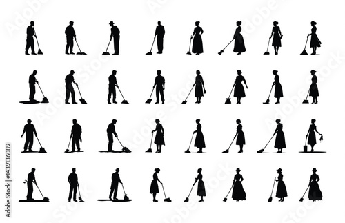 Cleaner Man Silhouette Clipart Set, Sweeper Vector black Silhouettes Bundle