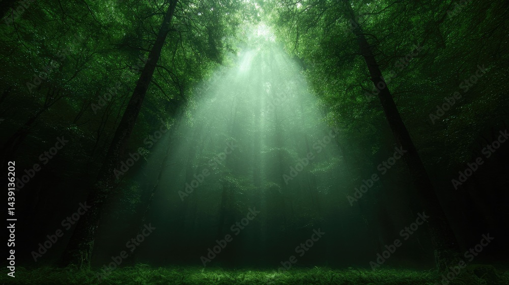 Obraz premium Sunlight piercing a misty forest