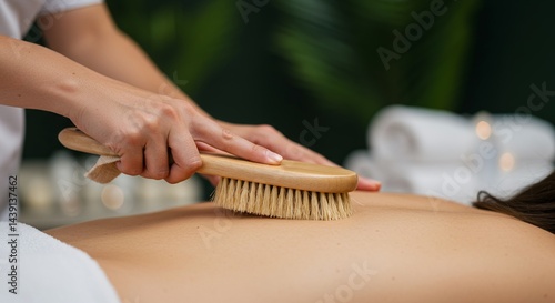 Massage Therapist Dry Brushing Clients Back with Natural Bristle Brush in Softly Lit Spa
