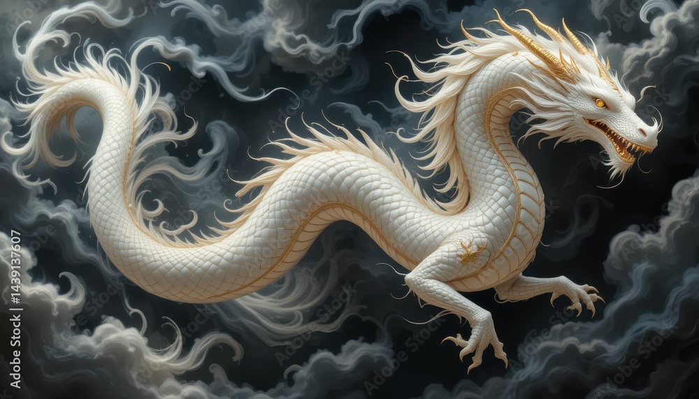 Fototapeta premium The image depicts a fantasy animal amidst swirling clouds. The creature has scales and a mane, along with horns.