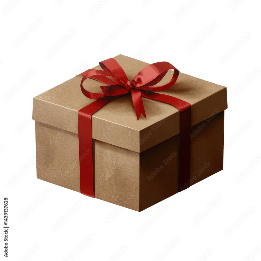 Brown gift box with red ribbon placed on a white surface, adding a festive touch to any occasion Brown gift box with red ribbon placed on a white surface, adding a festive touch to any occasion