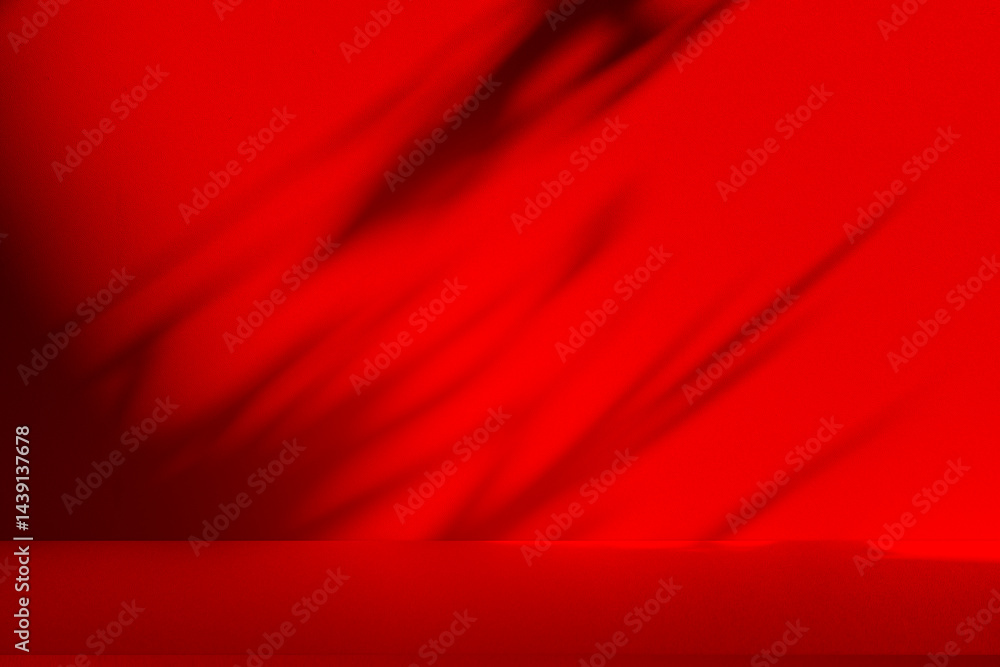 Wall interior background, studio and backdrops show products. with leaf shadow from window color red and white. background for text insertion and presentation of product