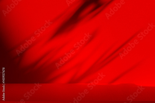 Obraz na płótnie Wall interior background, studio and backdrops show products. with leaf shadow from window color red and white. background for text insertion and presentation of product w salonie
