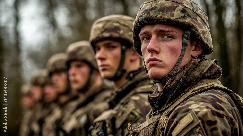 Soldiers in uniform, lined up and ready for a briefing or inspection. Soldiers in uniform, lined up and ready for a briefing or inspection.