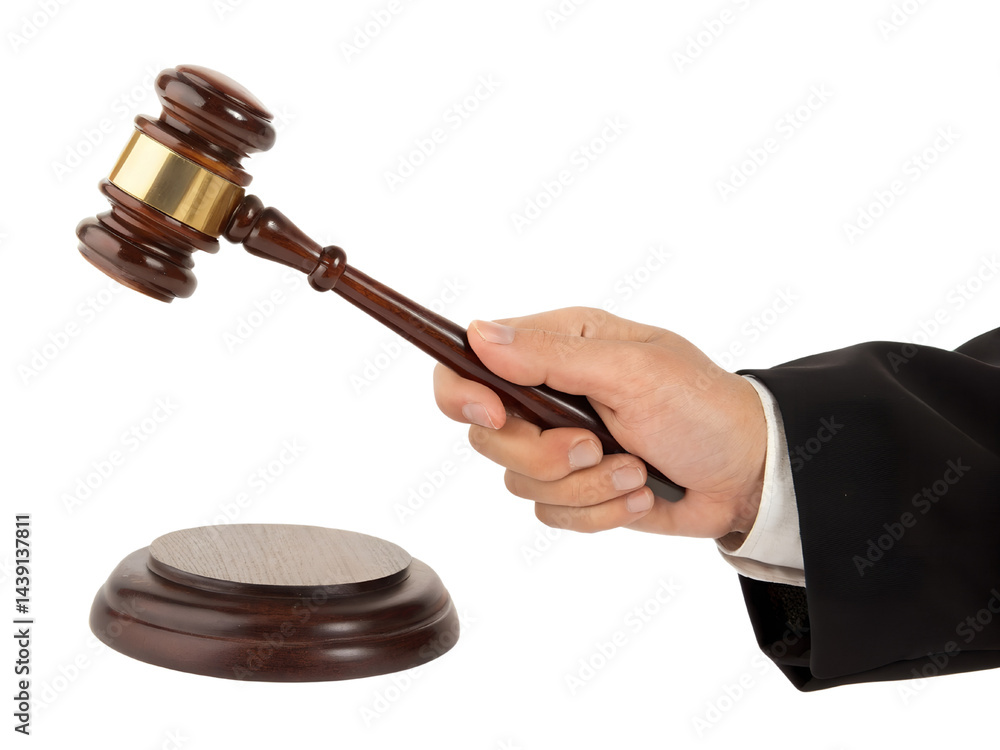 Judge's Gavel with Hand in Courtroom Isolate on transparent background cutout, PNG file, Cutout file