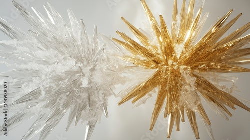 Golden and Silver Bursting Ornaments: Captivating golden and silver bursting ornaments in a studio shot. A stunning and delicate display, evoking a sense of wonder and festivity. 
