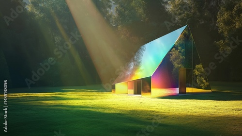 Prismatic House in Sunlight: A shimmering iridescent house stands in a sun-dappled meadow, its reflective surface casting a vibrant rainbow of colors across the green grass.