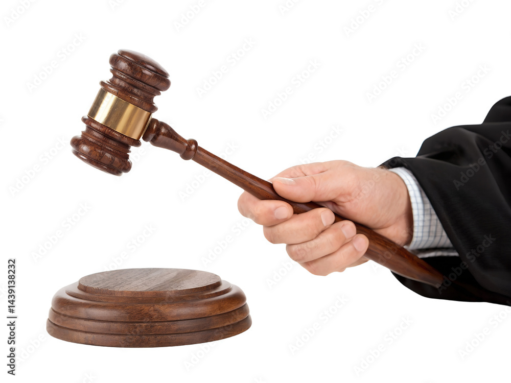 Judge's Gavel with Hand in Courtroom Isolate on transparent background cutout, PNG file, Cutout file