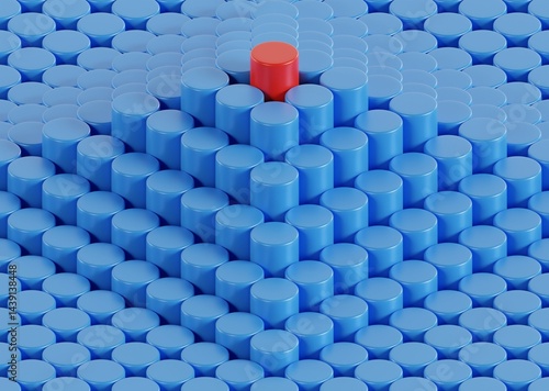 Tablou pe pânză A pyramid structure made of stacked blue cylinders with a single red cylinder at the top, creating a bold focal point