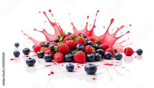 Vibrant splash of fruit juice over fresh strawberries and blueberries pile