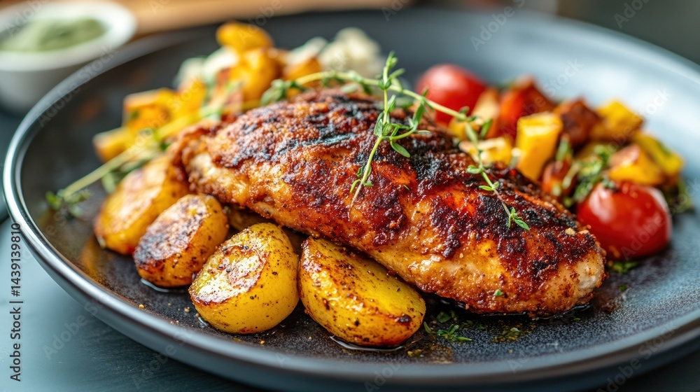 Roasted chicken breast served with roasted potatoes and colorful vegetables. Roasted chicken breast served with roasted potatoes and colorful vegetables.