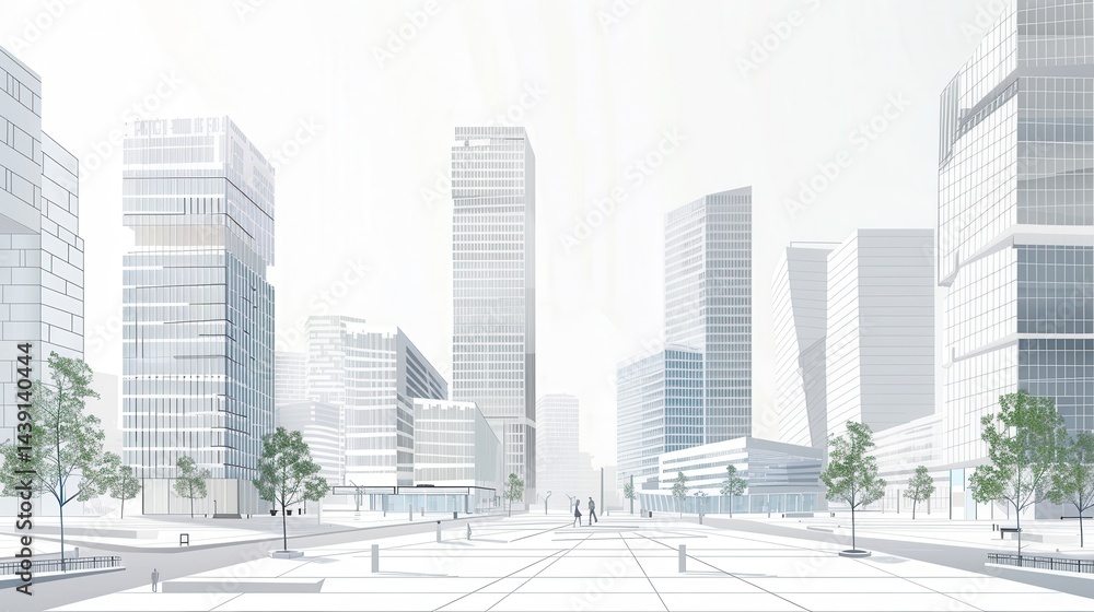 Fototapeta premium Modern business district map flat style skyscrapers geometric plaza clean design noise blur.