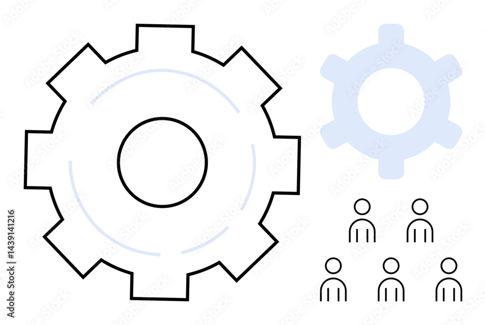 Two gears with six simple human figures symbolizing teamwork, efficiency, and productivity. Ideal for business, collaboration, management, workflow, process optimization innovation teamwork. Flat Two gears with six simple human figures symbolizing teamwork, efficiency, and productivity. Ideal for business, collaboration, management, workflow, process optimization innovation teamwork. Flat