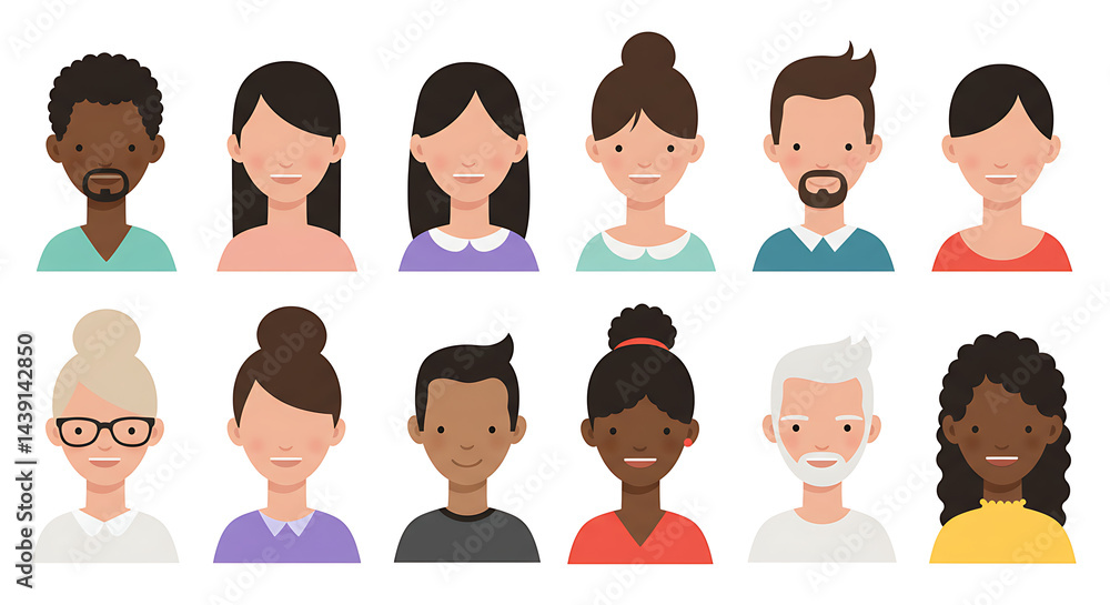 Twelve cheerful avatar illustrations showcase a variety of individuals with different hairstyles, skin tones, and expressions, radiating warmth and inclusivity. Twelve cheerful avatar illustrations showcase a variety of individuals with different hairstyles, skin tones, and expressions, radiating warmth and inclusivity.