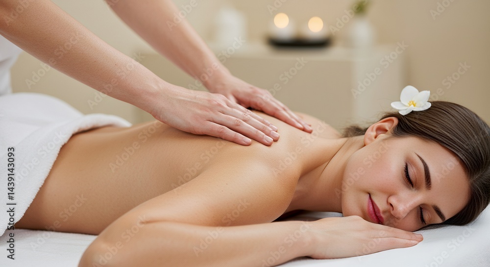 Serene Spa Scene Fair Skinned Woman Relaxing on White Linen Covered Massage Table Receiving Shoulder Massage in Soft Light Serene Spa Scene Fair Skinned Woman Relaxing on White Linen Covered Massage Table Receiving Shoulder Massage in Soft Light