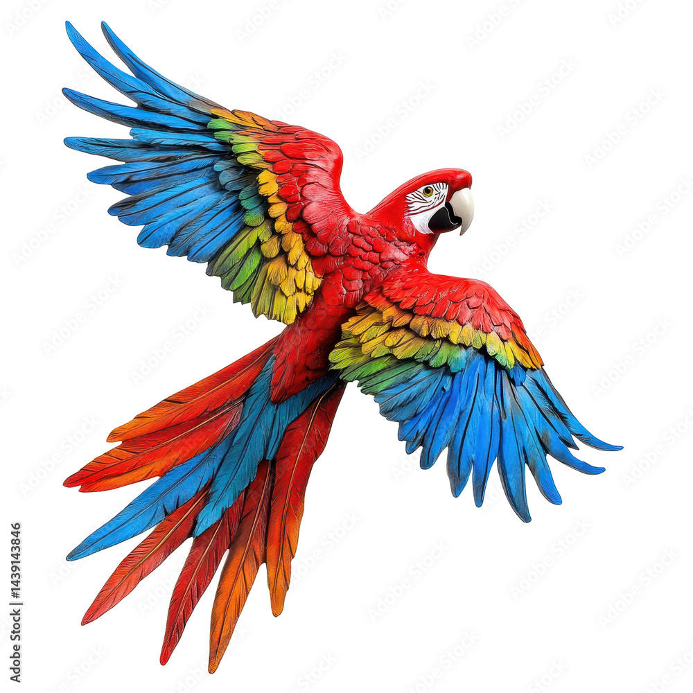 Fototapeta premium Brightly colored macaw soaring through the sky over a lush tropical landscape during the daytime