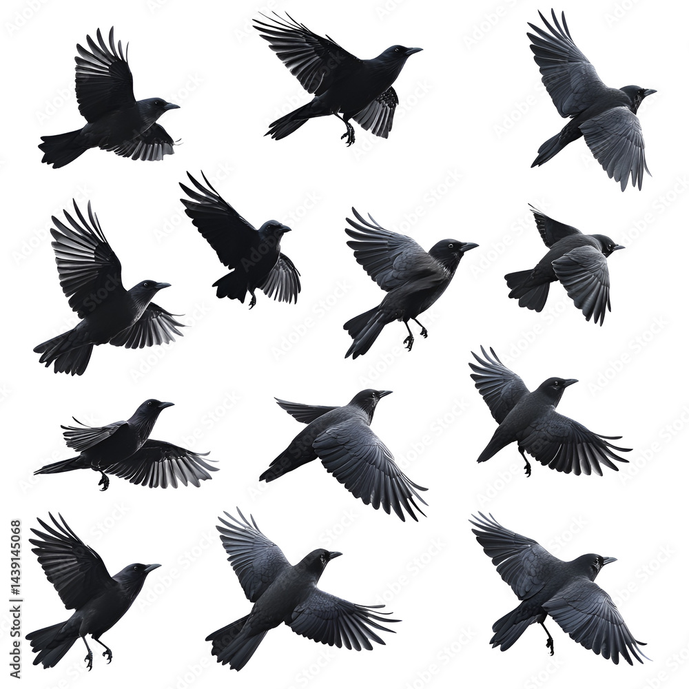 Fototapeta premium Black Crows in Flight Dark Background Nature Birds Wildlife