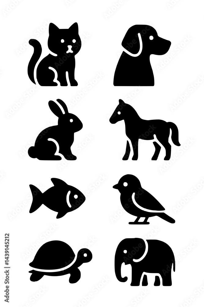Fototapeta premium Animal Silhouette Collection. animal, silhouette, pet, cat, dog, rabbit, horse, fish, bird, turtle, elephant, wildlife, mammal, aquatic, avian, reptile, domestic, farm, jungle, zoo, minimalist, black,
