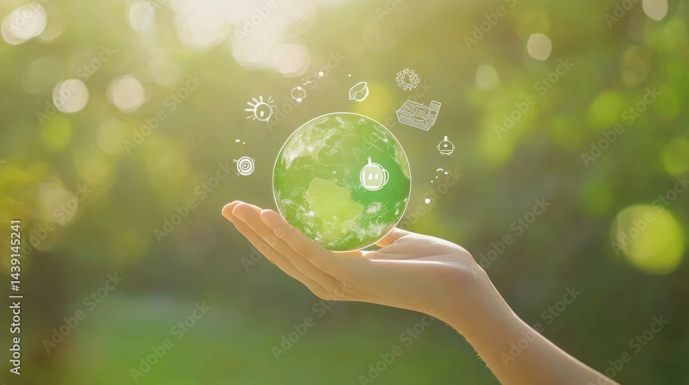 Hand holding green Earth, nature background, sustainability concept, environmental awareness Hand holding green Earth, nature background, sustainability concept, environmental awareness