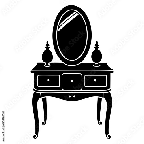 Contemporary Vanity Table Illustration in Black Silhouette isolated on a transparent background