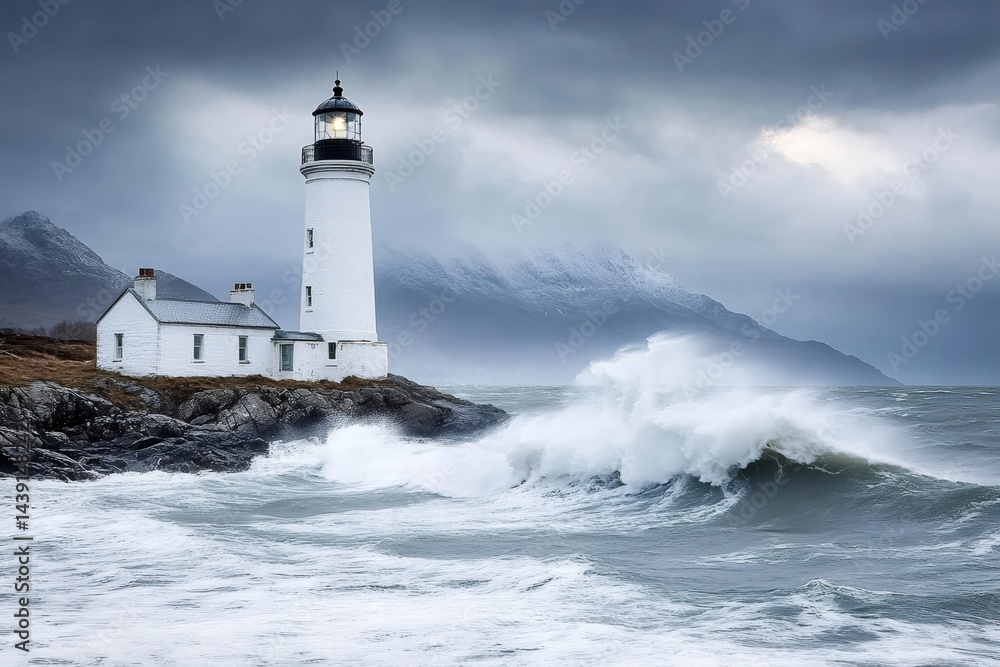 Lighthouse shining during a winter storm Lighthouse shining during a winter storm