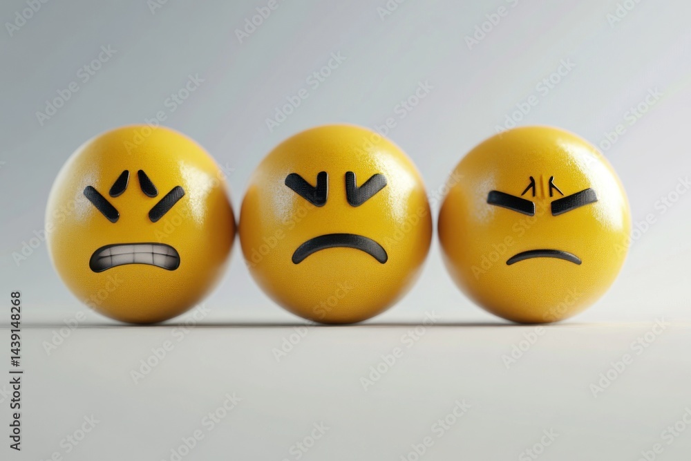 Realistic 3D emoji faces with various emotions, rotated in different directions, clean white background Realistic 3D emoji faces with various emotions, rotated in different directions, clean white background