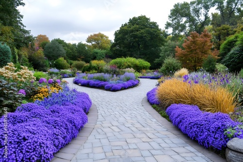 Winding path splitting blooming purple flowers in a colorful public garden