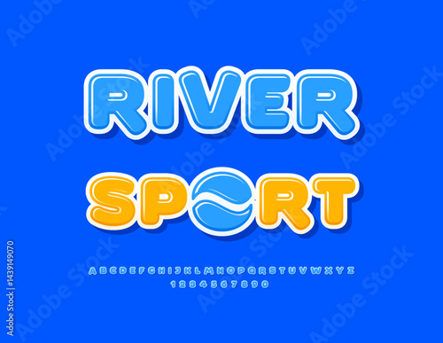 Vector Creative logo River Sport. Glossy Blue Font. Digital Uppercase Alphabet Letters and Numbers set.
