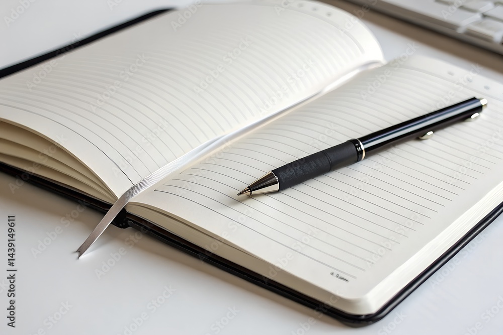 Opened notebook with a pen placed diagonally, minimalistic on white surface. Opened notebook with a pen placed diagonally, minimalistic on white surface.