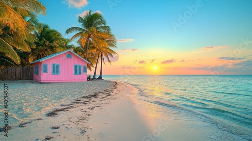 Fototapeta Naklejka Na Ścianę i Meble -  Pink beach house at sunset (1)