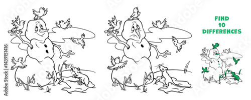 Spot 10 differences in spring scene with melting snowman rejoices at the arrival of spring and the primroses, together with birds flying and singing near him. Outline printable worksheet or coloring