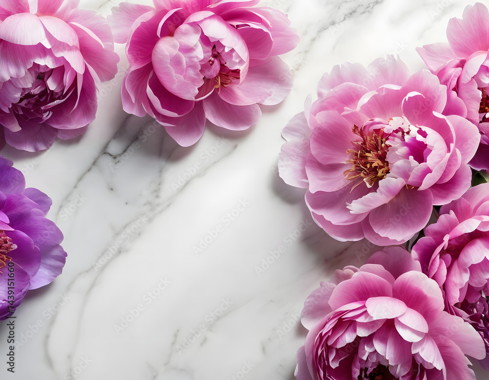 Fototapeta premium Petals of Beautiful Pink and Purple Peony flowers over a white marble background, with copy space. A Pink peony flower frame.