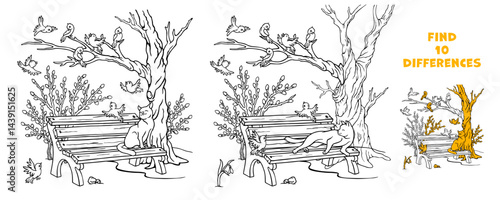 Find the differences quiz game. What has changed in the park scene. Puzzle Hidden Items. Educational game for children. Outline hand drawn illustration with cat sitting on a bench under leafless tree