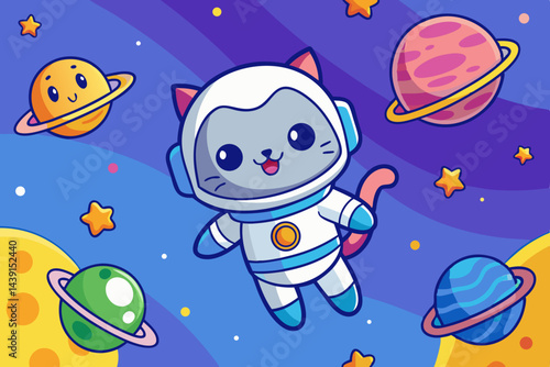 Astronaut Cat in the Space with Planets and Stars