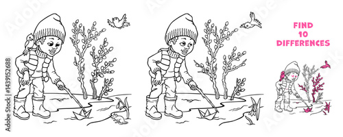 Boy launches paper boat in stream with melting snow against blossoming willow bush. Find the differences. Attention puzzle for kids. Hand drawn outline educational illustration for coloring book