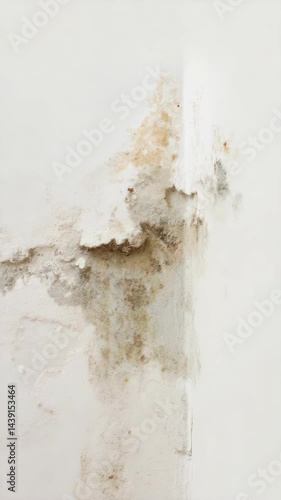 Wall corner showing peeling paint and mold growth in an old building after water damage during humid summer conditions