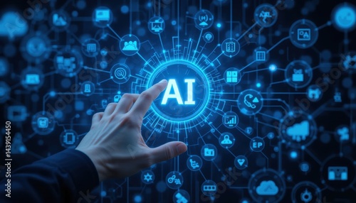hand pushing a button on a touch screen interface sign Artificial Intelligence