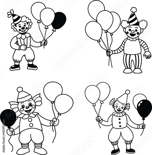 Hand drawn carnival clowns with balloons black and white illustration