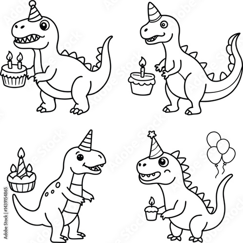 Outlined dinosaurs wearing party hats holding cakes and balloons for coloring book