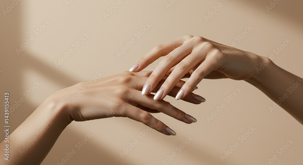 Elegant Hands with Pearlescent Nails Gently Caressing in Contemplation on Beige Backdrop Illuminated by Soft Natural Light Showing Manicured Almond Shaped Fingers Elegant Hands with Pearlescent Nails Gently Caressing in Contemplation on Beige Backdrop Illuminated by Soft Natural Light Showing Manicured Almond Shaped Fingers