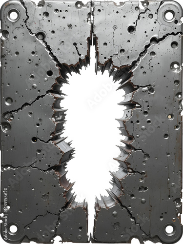 A steel sheet with curly-edged holes, ragged cracks, and a torn slash, showcasing a gun aperture design, is illustrated in a realistic 3D modern style, isolated on a transparent background.