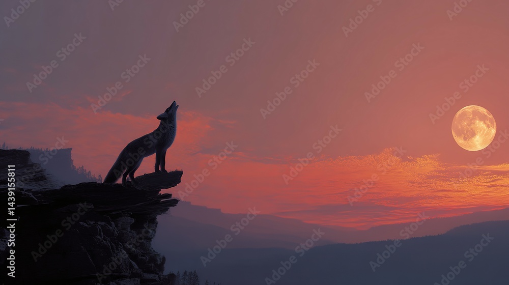 Silhouetted fox howling at the full moon on a clifftop at sunset. Silhouetted fox howling at the full moon on a clifftop at sunset.