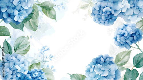 Acrylic border design with delicate blue hydrangeas, A seamless pattern of delicate watercolor blue delphiniums, Blue flowers and green leaves on a white background Botanical arrangement.